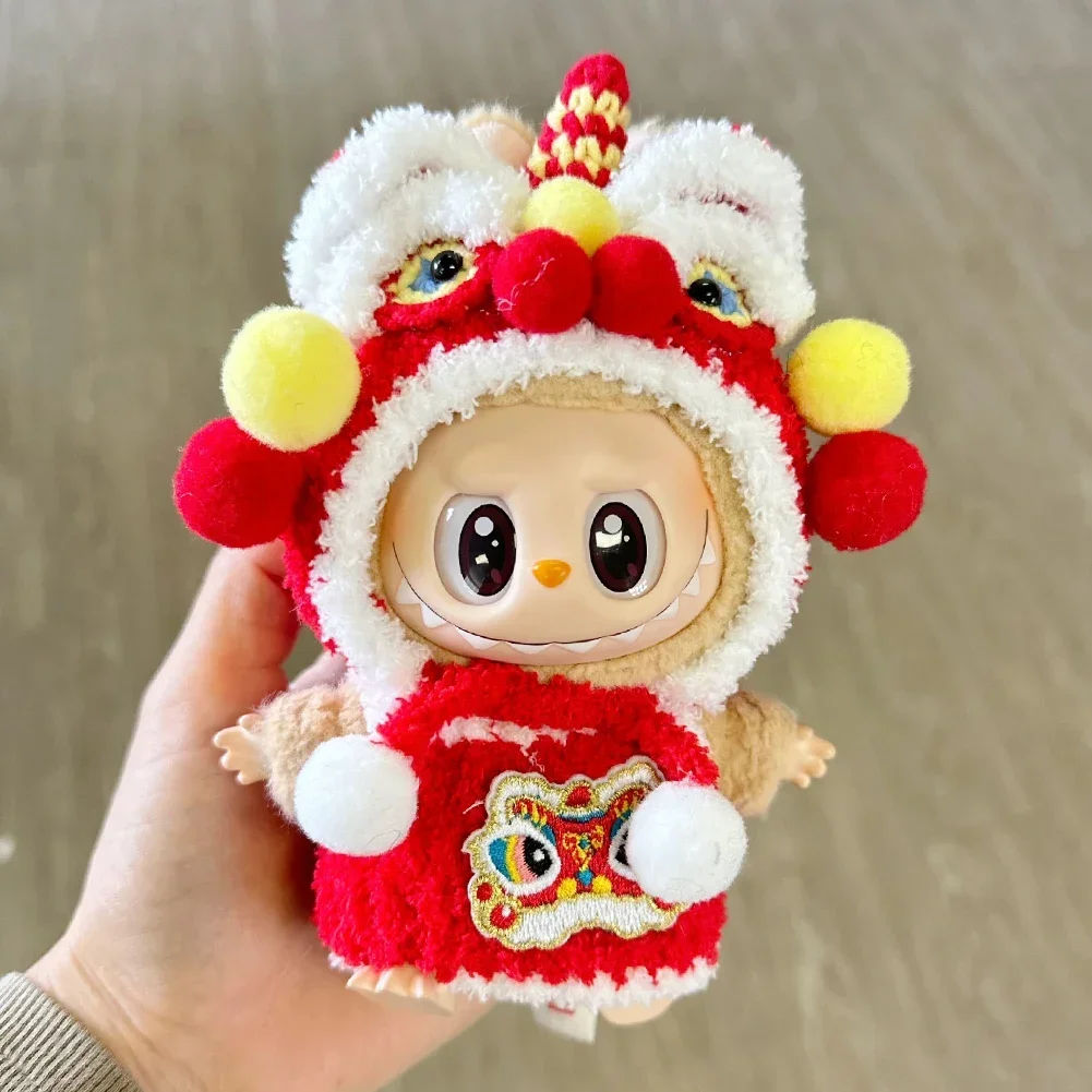 Para labubu ídolo 17cm mini boneca para coreia kpop exo feliz ano novo artesanal leão dança roupas acessórios