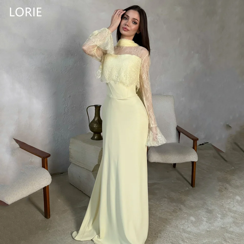 

LORIE Charming Yellow Party Dresses Strapless Lace Long Sleeves Evening Prom Dress Mermaid Floor-Length Prom Gowns Customized