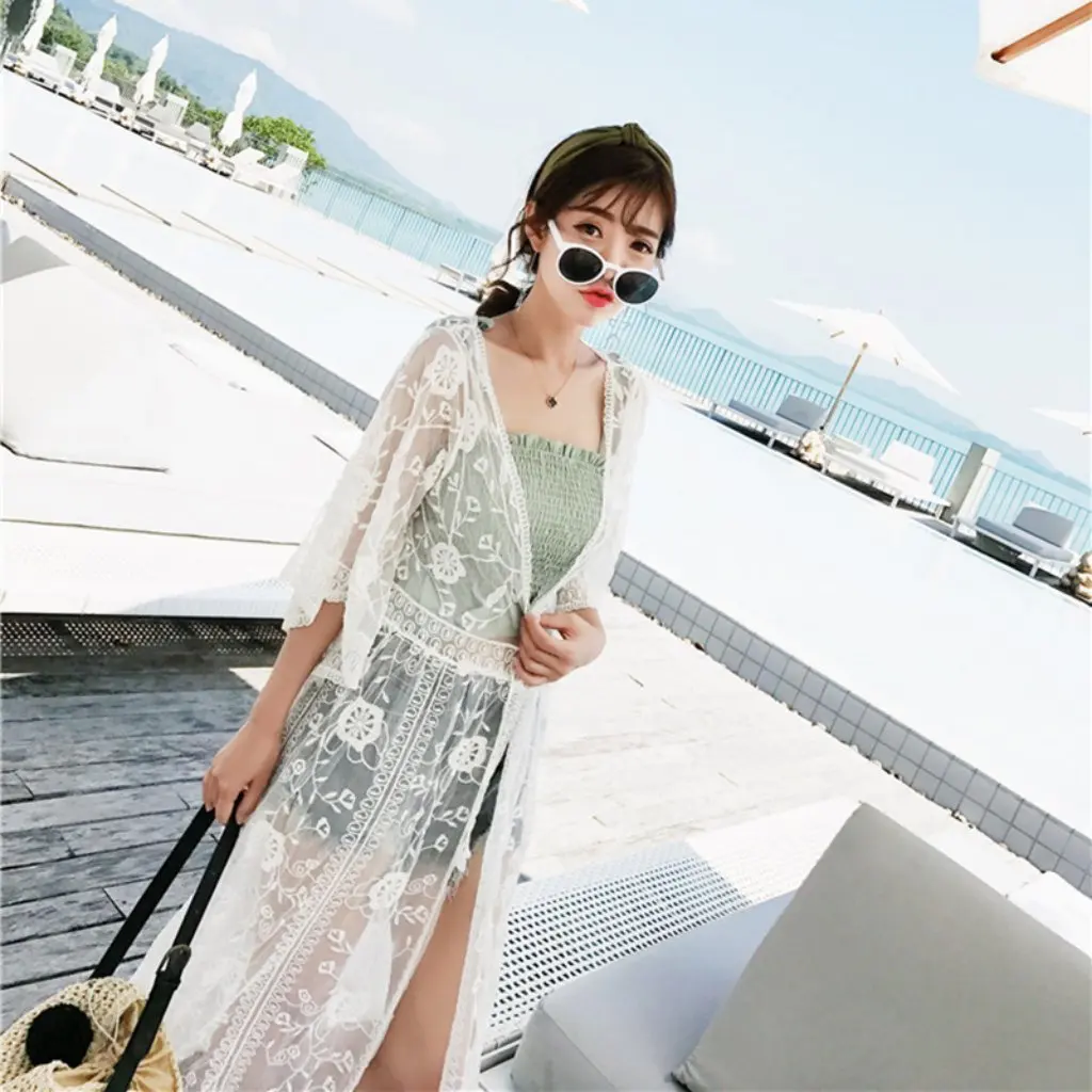 

Bohemian Korean Style Embroidered Lace Bikini Blouse Mid-Length Cardigan Sun Protection Clothing for Seaside Vacation Fashion