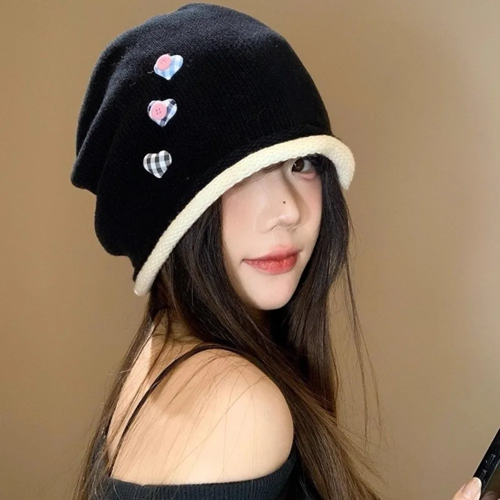 

Retro Vintage Y2k Baggy Cap Heart Button Loose Knitted Beanies Cap Curl Brim Versatile Pullover Hats Women