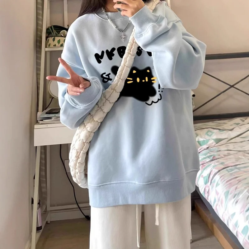 

Round Neck Fleece Sweatshirt for Women, Autumn Winter, Niche Design, Loose and Lazy Style, Oversized Hoodless Top