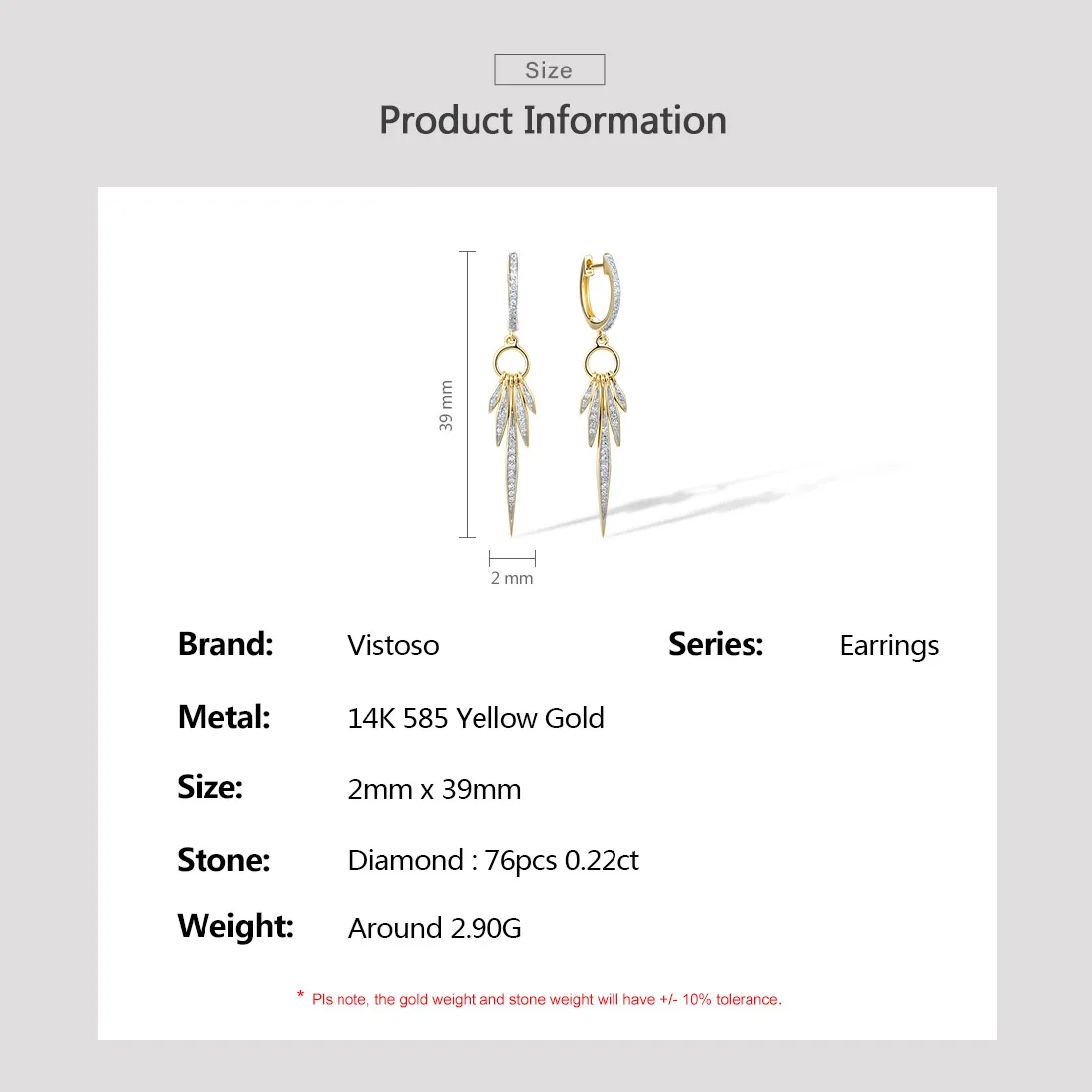 VISTOSO Pure 14K 585 Yellow Gold Loop Earrings For Women Sparkling Diamond Long Geometric Wedding Anniversary Fine Jewelry
