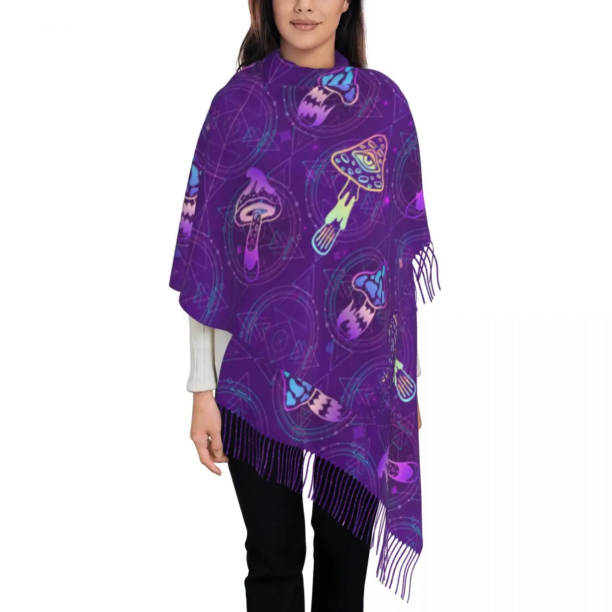 Custom Magic Psychedelic Mushrooms Pattern Trippy Tassel Scarf Women Soft Music Shawl Wrap Female Winter Scarves