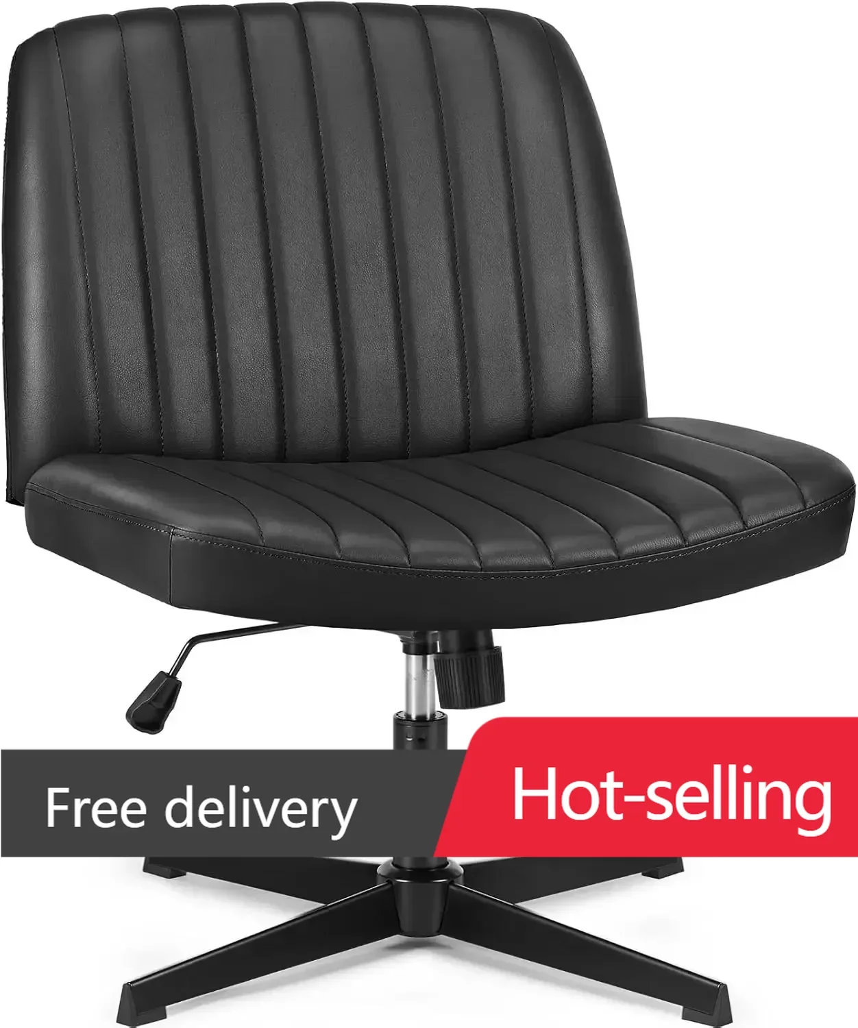 Cross Legged Armless Wide Adjustable Swivel Padded Home Office Desk Chair, Black