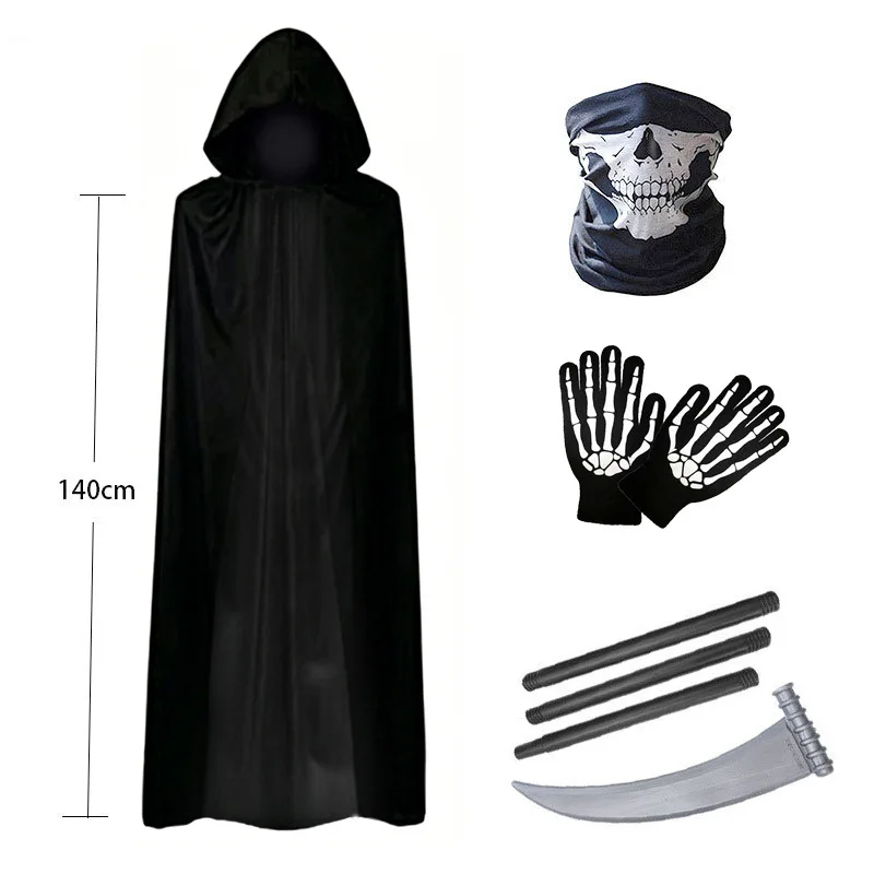 Gothic Halloween Cosplay Outfit Set Long Hooded Black Cloak Skeleton Mask Gloves Simulation Weapon Party Dress-up Accessorie