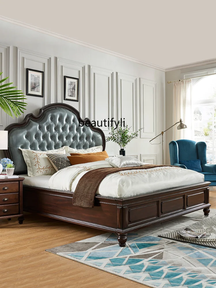 

American Genuine Leather Double Bed Solid Wood Bed Modern Simple and Light Luxury Bed European Modern and Simple Bed