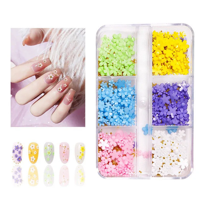 

2 Box 3D White Acrylic Nail Flower 6 Grids Mixed Steel Gold Silver Beads Flower Charms Mixed Size Rhinestones Plastic Nail Decor