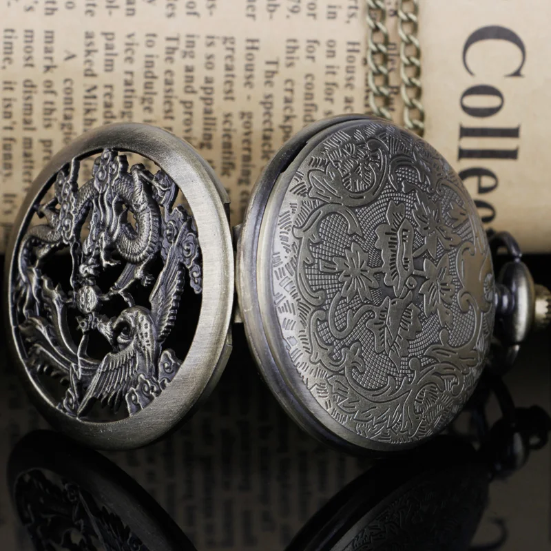 خمر التنين البرونزي تصميم جوفاء كوارتز ساعة الجيب ساعات الجيب للنساء الرجال مع سلسلة فوب هدايا عيد الميلاد عيد الميلاد