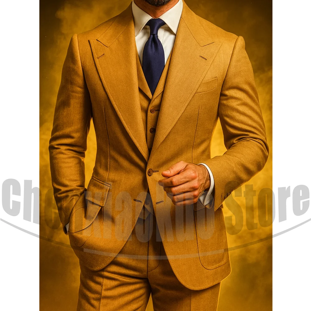 

Men's Peak Lapel Suit Set Chic Single Breasted Formal Wedding Groom Party Outfit Tailored Blazer Vest and Pants Three Piece