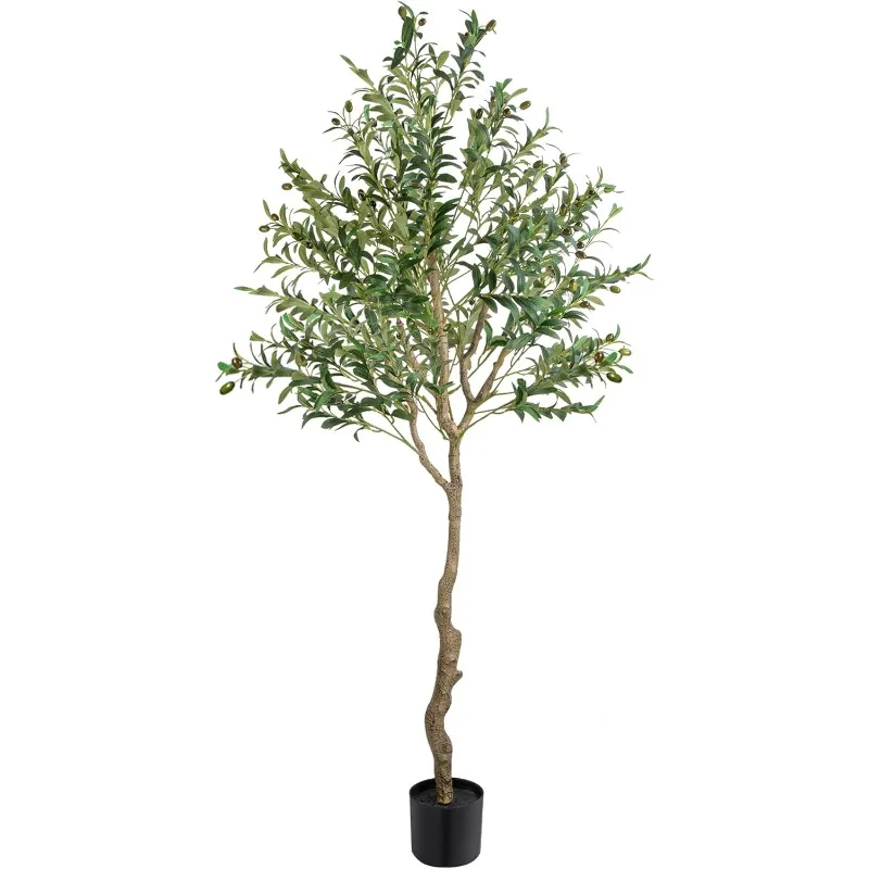 Artificial Olive Tree 5/6/7FT Faux Silk Plant Thick Trunk Fluffy Branches Dense Leaves Plump Fruits Full Tree with Pot