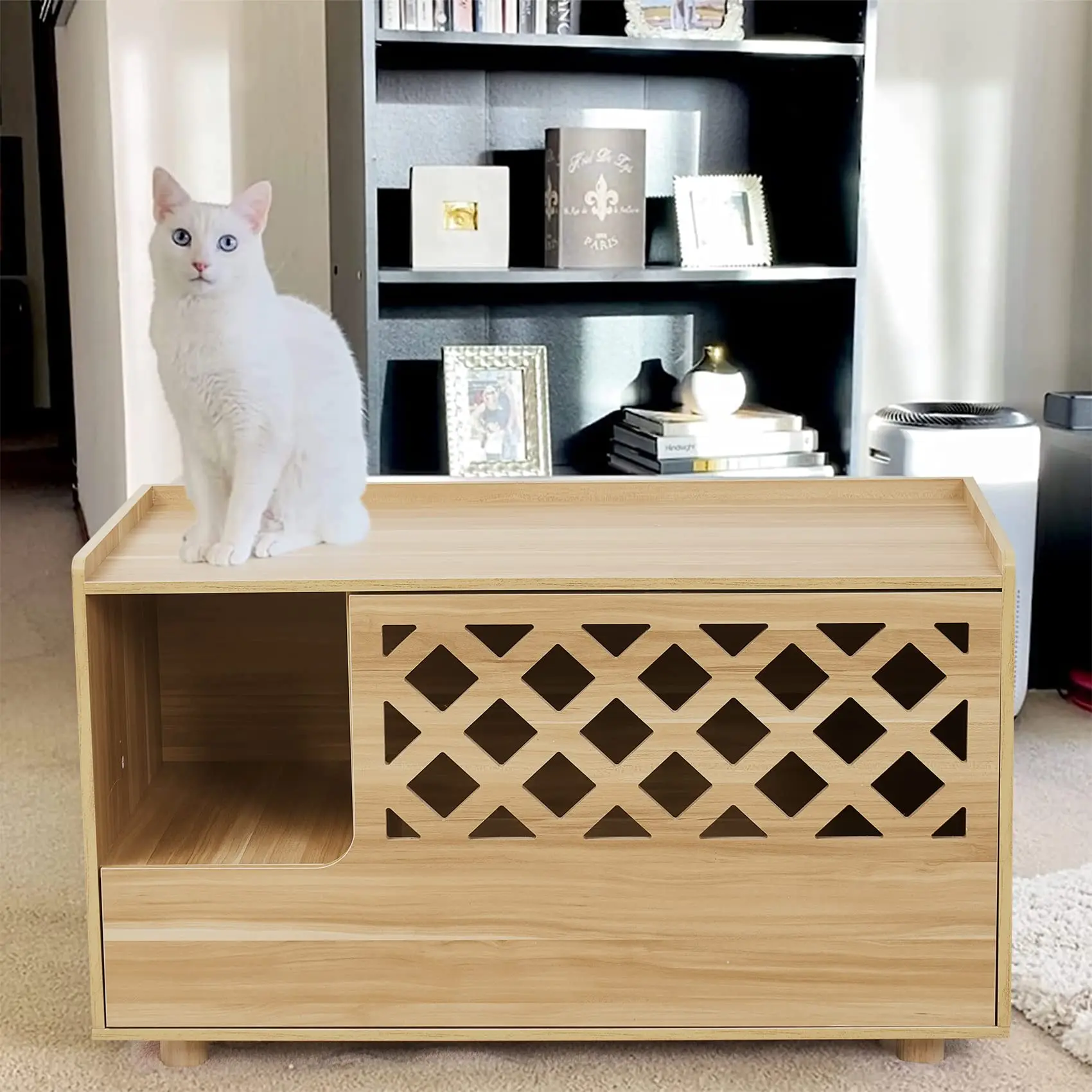 

cat later box enclosure wooden pet washroom with door and vent indoor hidden furniture table nightstand cat house