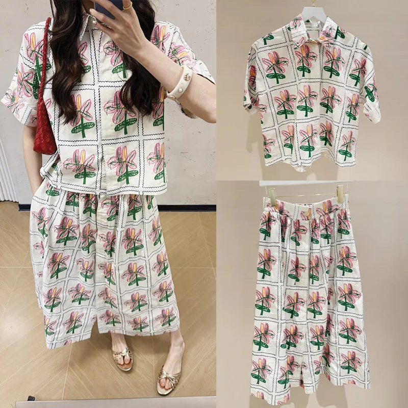 

Withered 2026 Summer Playful Abstract Hand Embroidered Flower Collar Shirt Long Half Skirt Set
