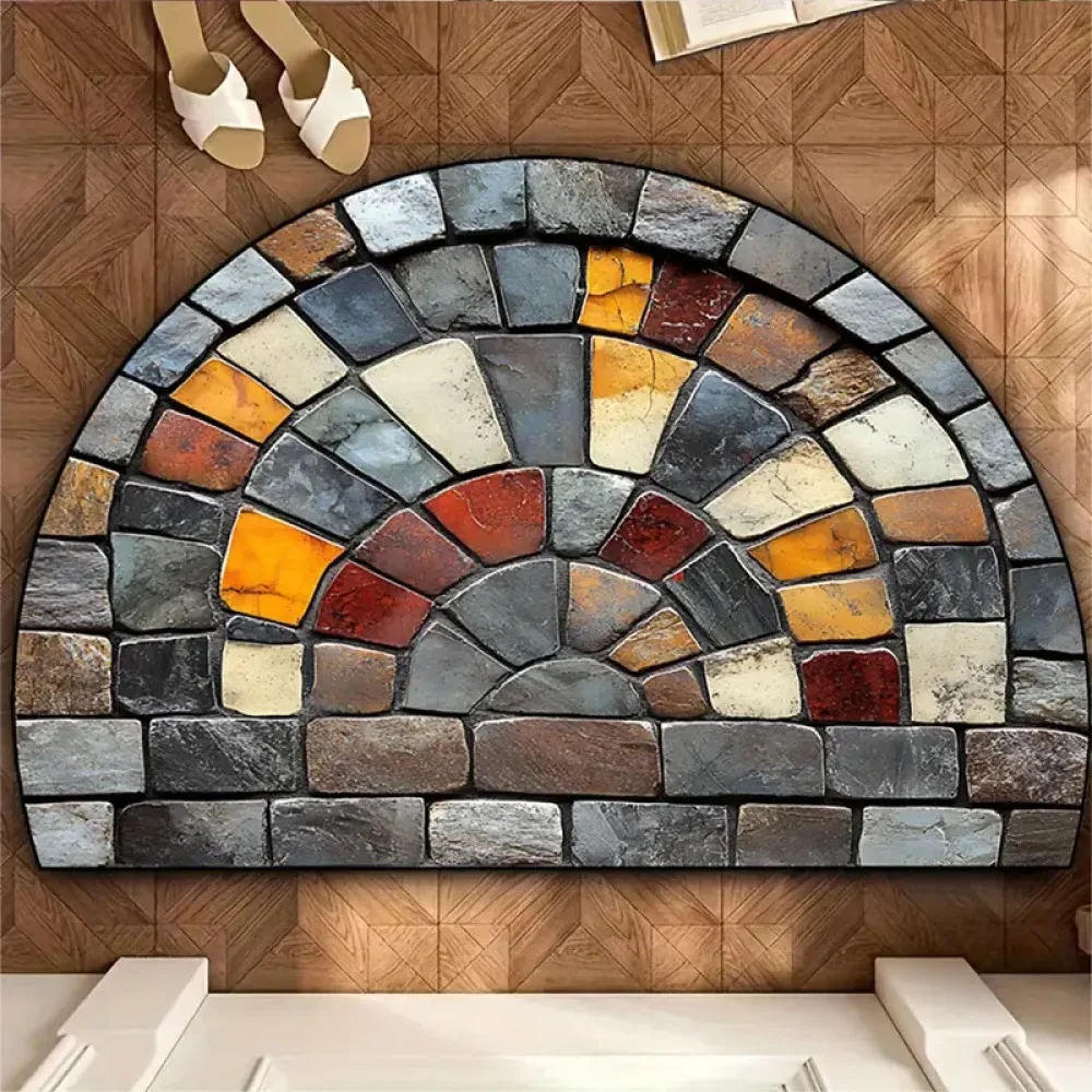 3D Illusion Semi Circle Rug Crystal Velvet Floor Carpet Geometric Entryway Mat Durable Anti Slip Modern Door Pad
