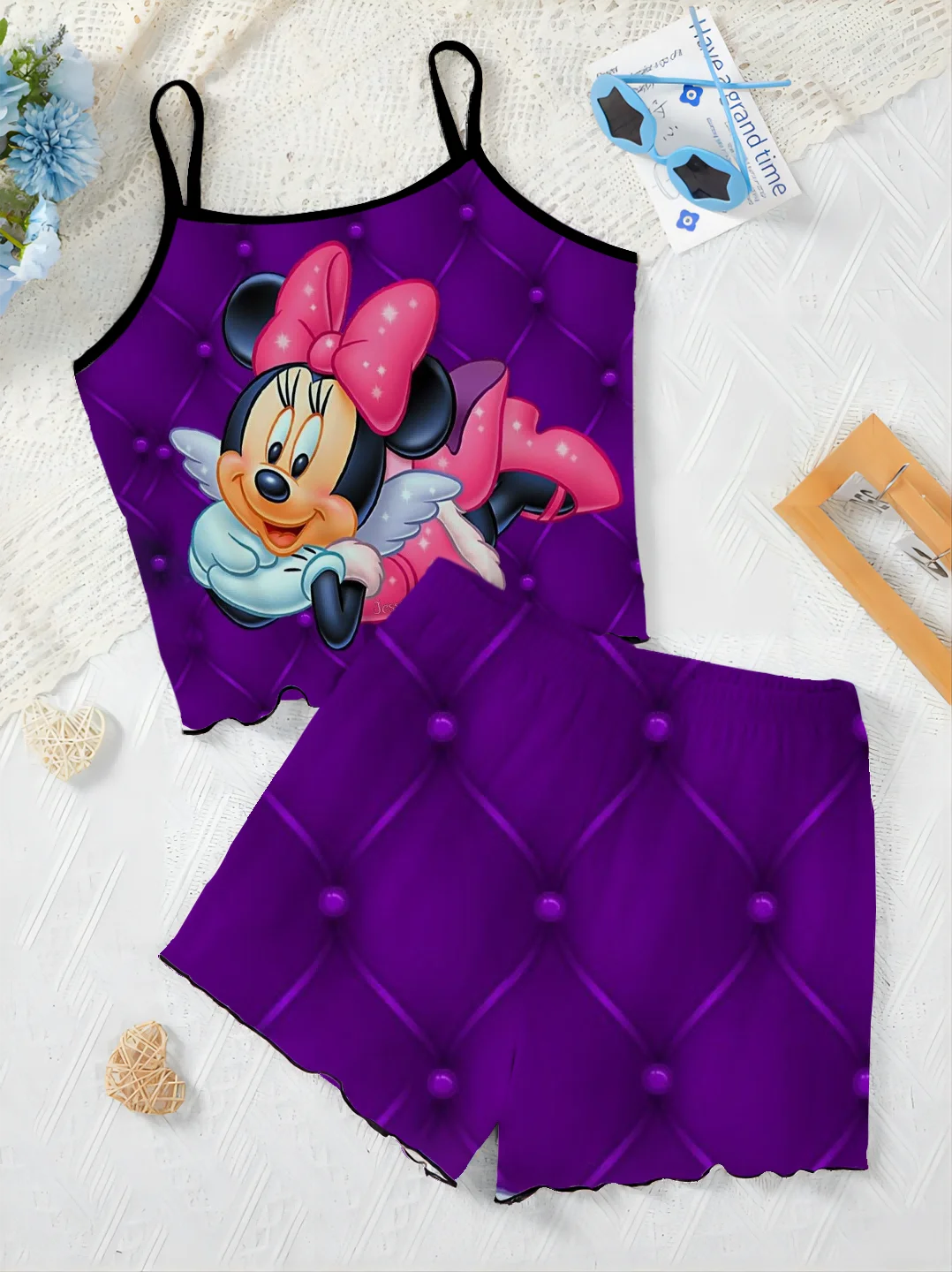 Conjunto elegante de Disney para mujer, Top con falda de pijama con ribete de lechuga, camiseta de Mickey y Minnie Mouse, traje corto