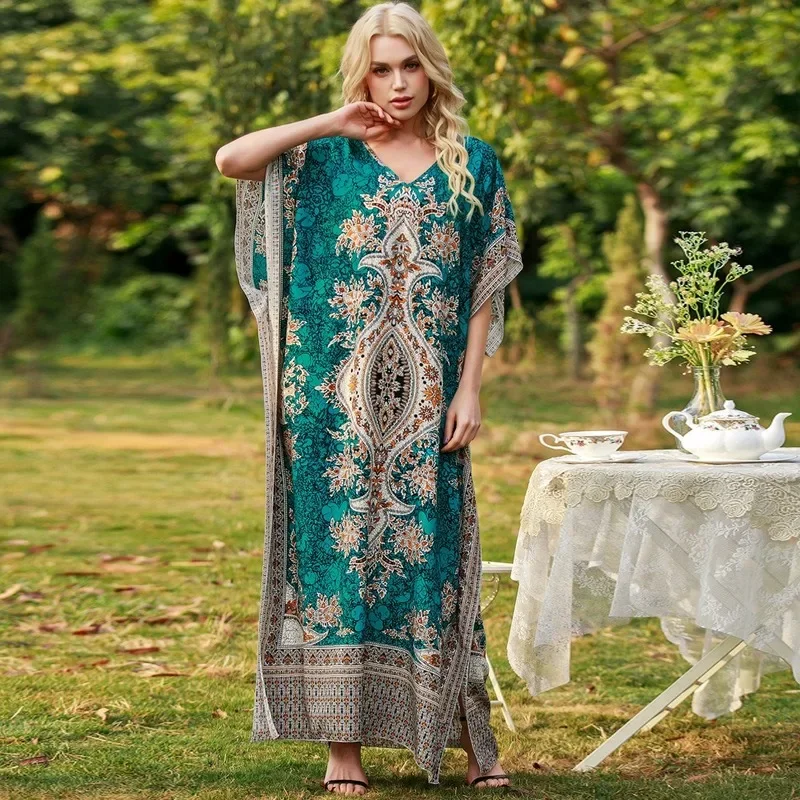 

2025 Muslim Abaya Dubai Women Vestidos Islamic Clothing Green Printed Textile Robe Arabe Femme Loose Kaftan Evening Maxi Dresses
