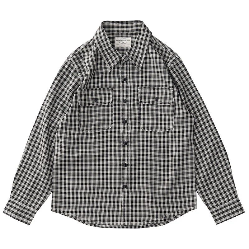 Casual shirt men American retro tooling breathable spring and autumn black and white green men long sleeve plaid shirt men