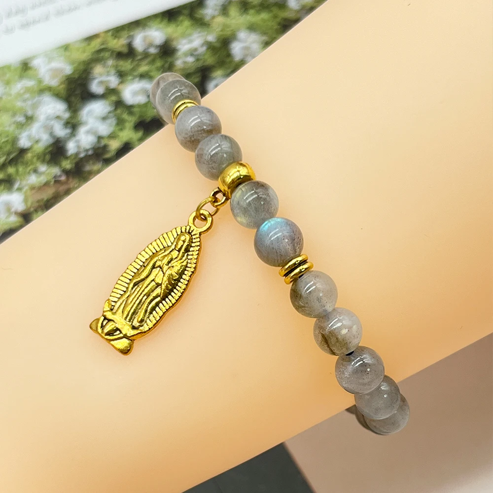 8MM Natural Stone Golden Virgin Mary Pendant Bracelet For Women Or Girlsb Really Labradolite Sunstone Amthyst Quartz