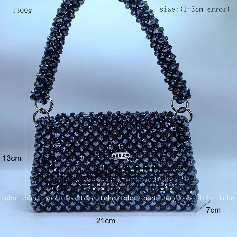 Black Crystal Bead Woven Cosmetic Bag for Makeup Evening Party Bags for Women Summer Casual Large Capacity Shoulder Bags