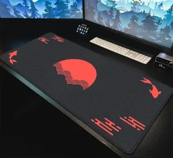 Alfombrilla de escritorio japonesa, alfombrilla de ratón negra y roja, pez Koi, sol, nube, sello artístico japonés, amanecer, alfombrilla de escritorio grande XXL para juegos, alfombrilla de ratón de goma 90x40