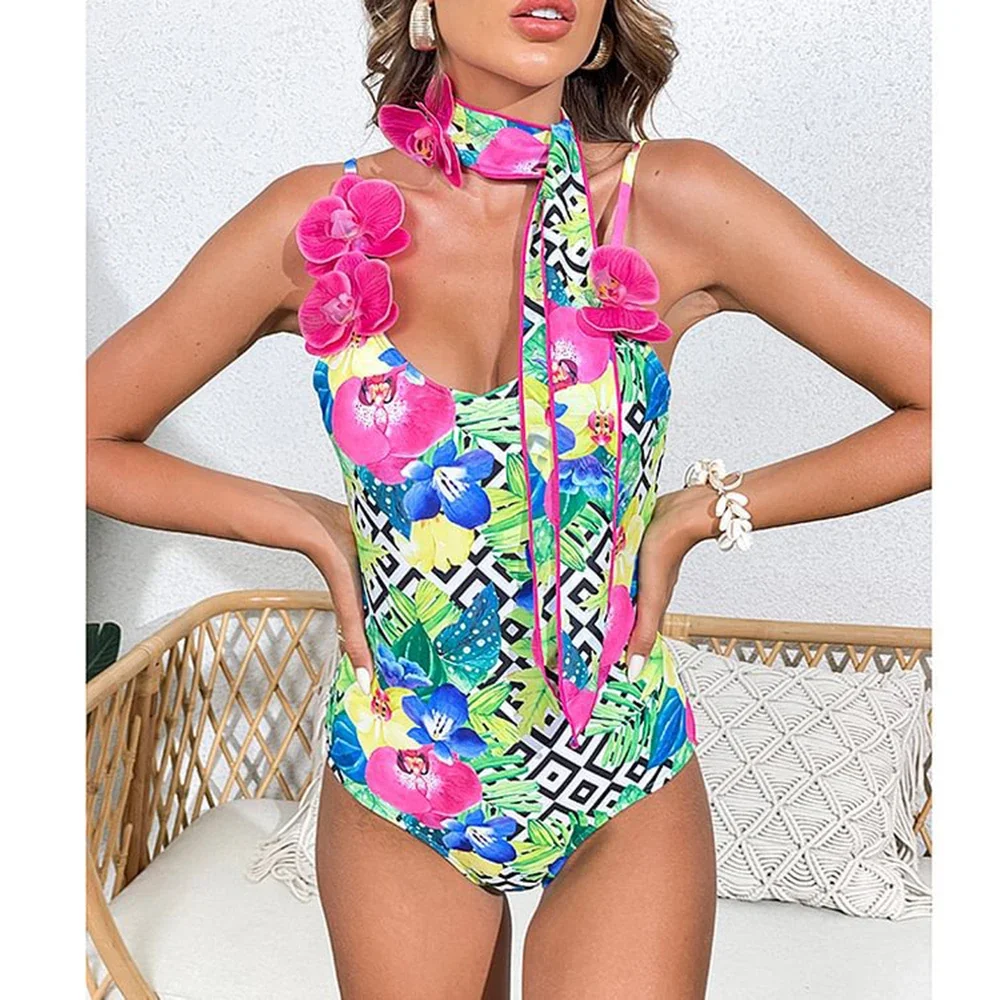 2023 Women Swimwear 2PC Cover-up Swimsuit Ruffle Solid Printed Deep V One-piece Monokini Kimono Bikini Suit Summer Beachwear