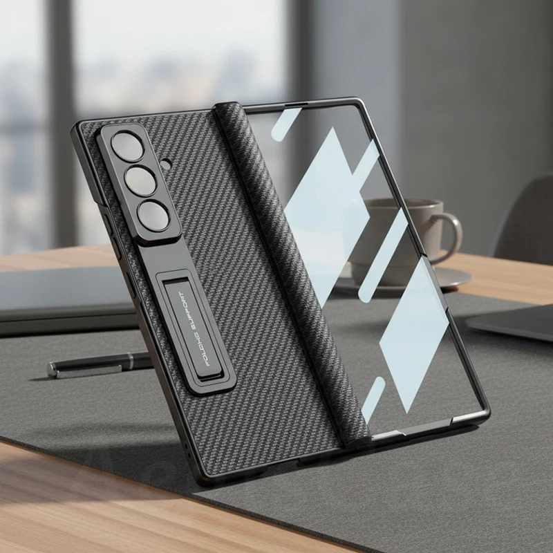 

For Samsung Galaxy Z Fold 7 6 Case Plain Leather Magnetic Hinge Plating Stand Front Screen Glass Cover For Galaxy Z Fold7 Case