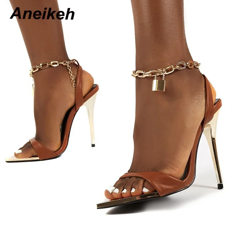 Aneikeh Fashion Sexy Metal Decoratio Cross-Tied Retro Patchwork Head Peep Toe Sandals 2024 Summer Thin High Heels Women\'s Shoes