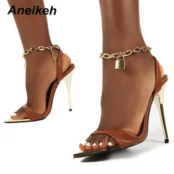 Aneikeh Fashion Sexy Metal Decoratio Cross-Tied Retro Patchwork Head Peep Toe Sandals 2024 Summer Thin High Heels Women's Shoes