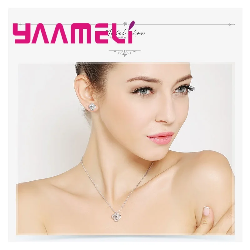 Top Sale Korean Style Wedding Jewelry Sets 925 Sterling Silver Necklace Earrings Ring CZ Crystal Set Fashion Bridal Jewelry