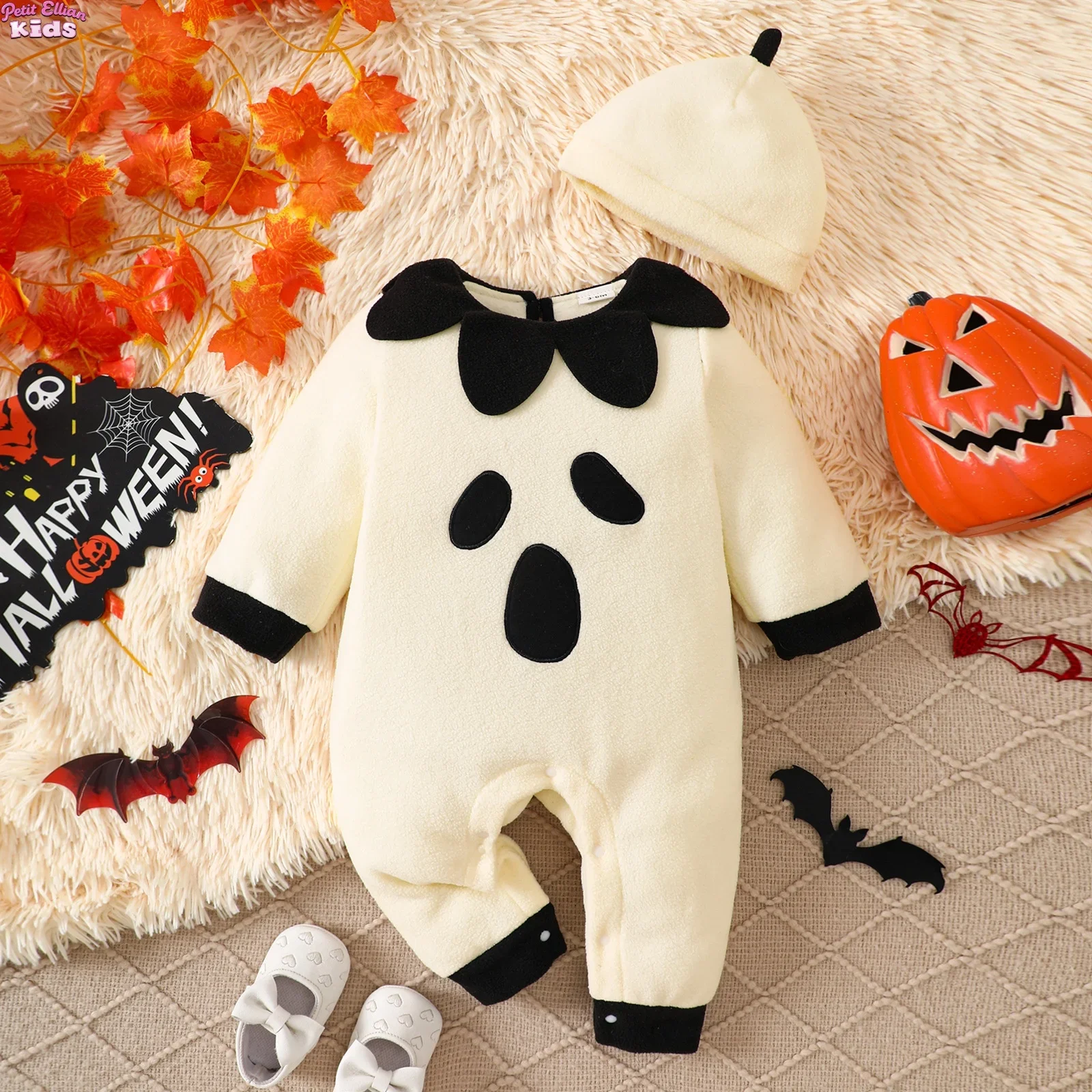 

Halloween Newborn Baby Romper Cotton Fleece Ghost Romper with Hat 0-18M Infant Baby Boys Girls Spooky Onesie Costume Jumpsuit