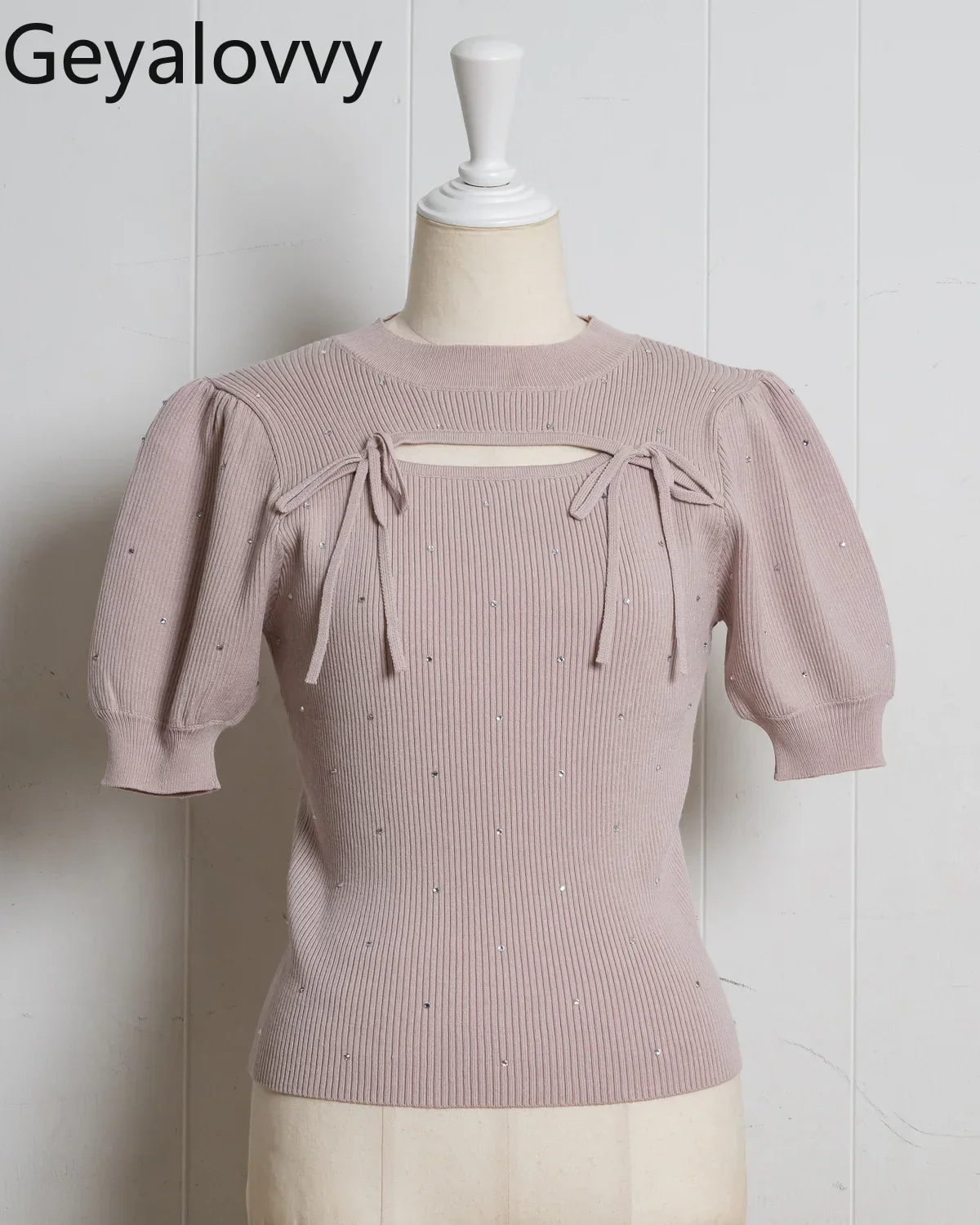 T-shirt a maniche corte con colletto cavo con lacci patchwork in due pezzi falso originale in stile giapponese Top corto in maglia a costine con diamanti