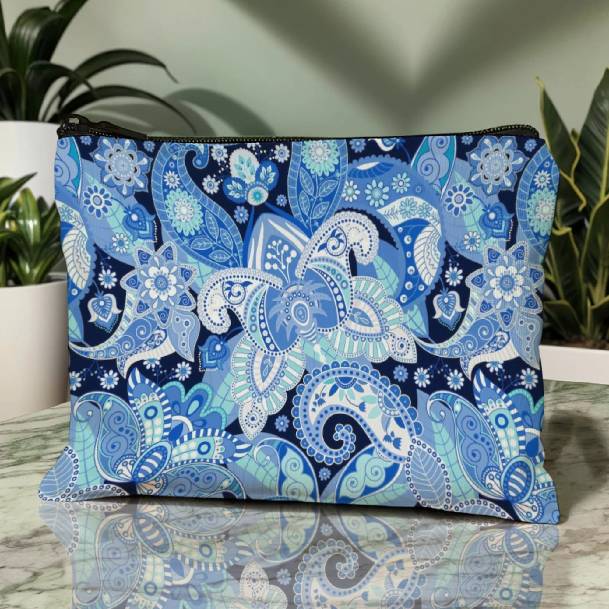 Paisley Pattern Vintage Bohemian Cosmetic Bag Muted Light Blue Base Intricate Teardrop Motifs & Fringed Edges for Bohemia