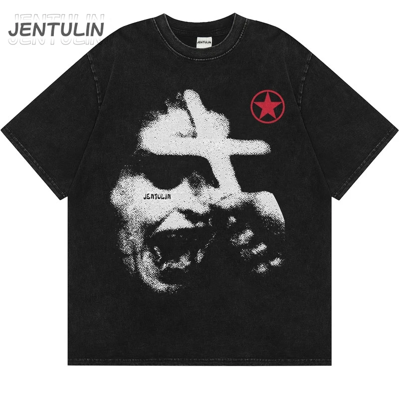 

Goth Y2K Cotton Washed T-Shirt Harajuku Graphic Print Fashion Hip Hop Oversized Tops Rock Punk Streetwear Short Sleeve Tee Retro