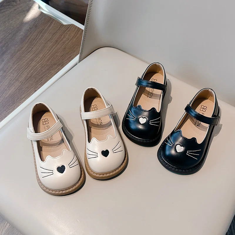 2025 New Little Girl Leather Shoes Cute Cat Embroidered Children's Flats Fashion Soft Spring Autumn Kids Causal Princess Shoes