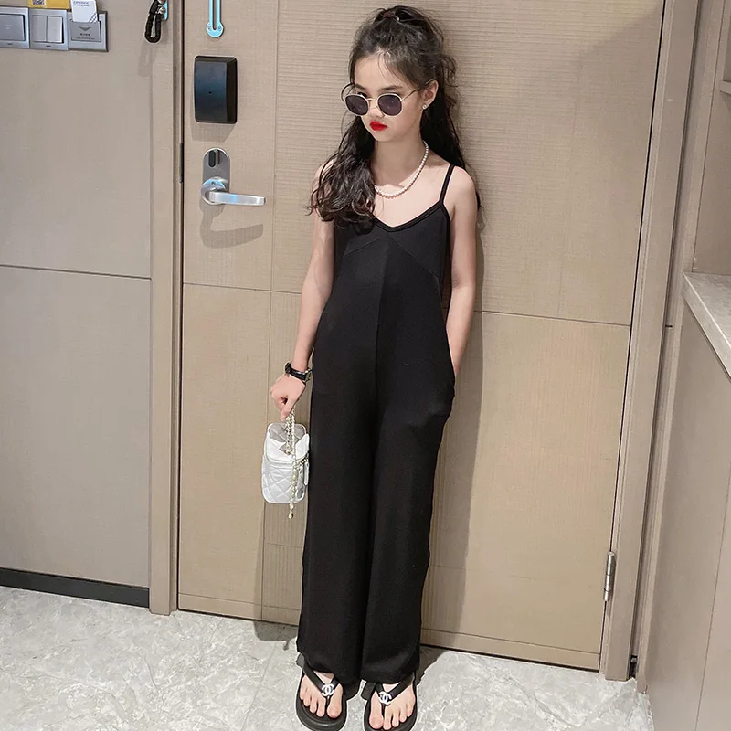 

Black Children's Suspender One Piece Pants Round Neck Luxury Design One Piece Wide Leg Pants Girls Spring Autumn Sports Pants