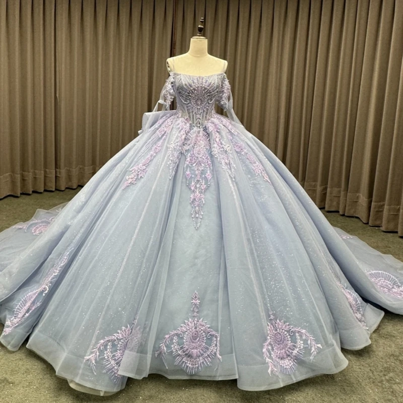 

Синие платья Quinceanera с открытыми плечами и аппликацией из кружева с бисером и кристаллами с бантом из тюля для вечеринки, дня рождения, милое платье 16, Vestidos 15 De