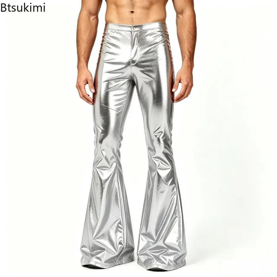 New Men Metallic Shiny Flared PantsSexy Stage Costume Elastic Waistband Bell Bottom Trousers Long Pants 70s Party Show Clubwear view 6