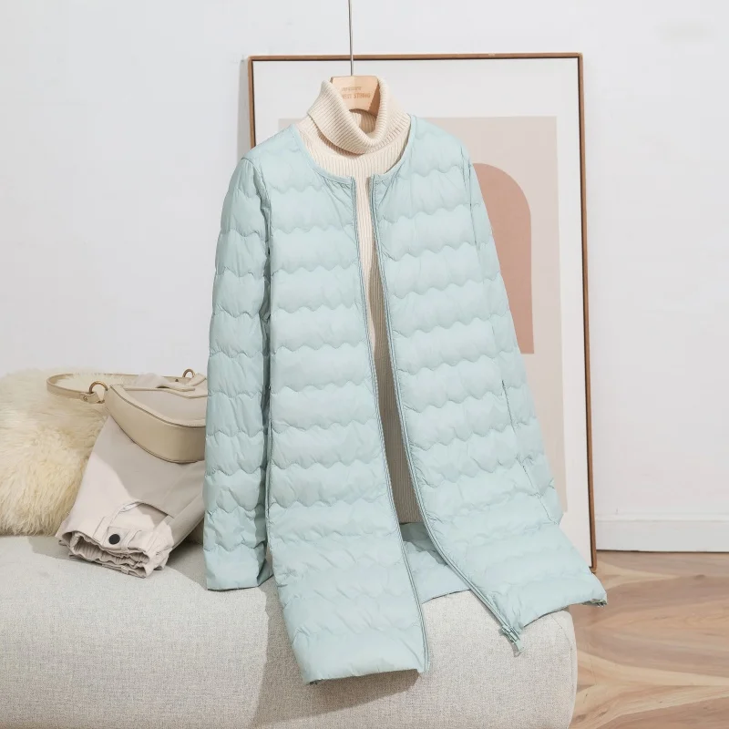 

Осенне-зимний женский пуховик средней длины с круглым вырезом, простая мода, новинка 2025 года, теплая уличная куртка на 90% белом утином пуху