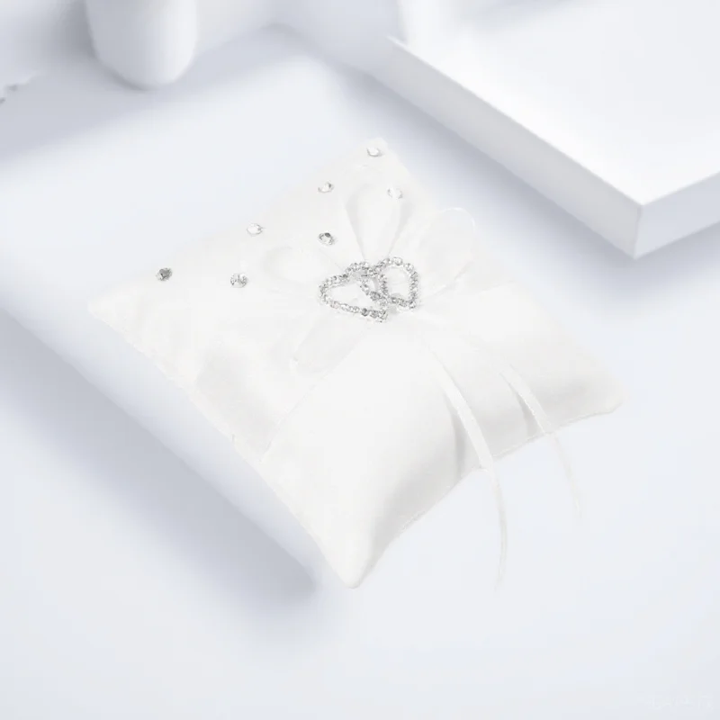 

Double Heart Wedding Ring Pillow Bridal Ring Bearer Cushion Satin Ribbon Rhinestone Pocket 10x10cm White Cushion