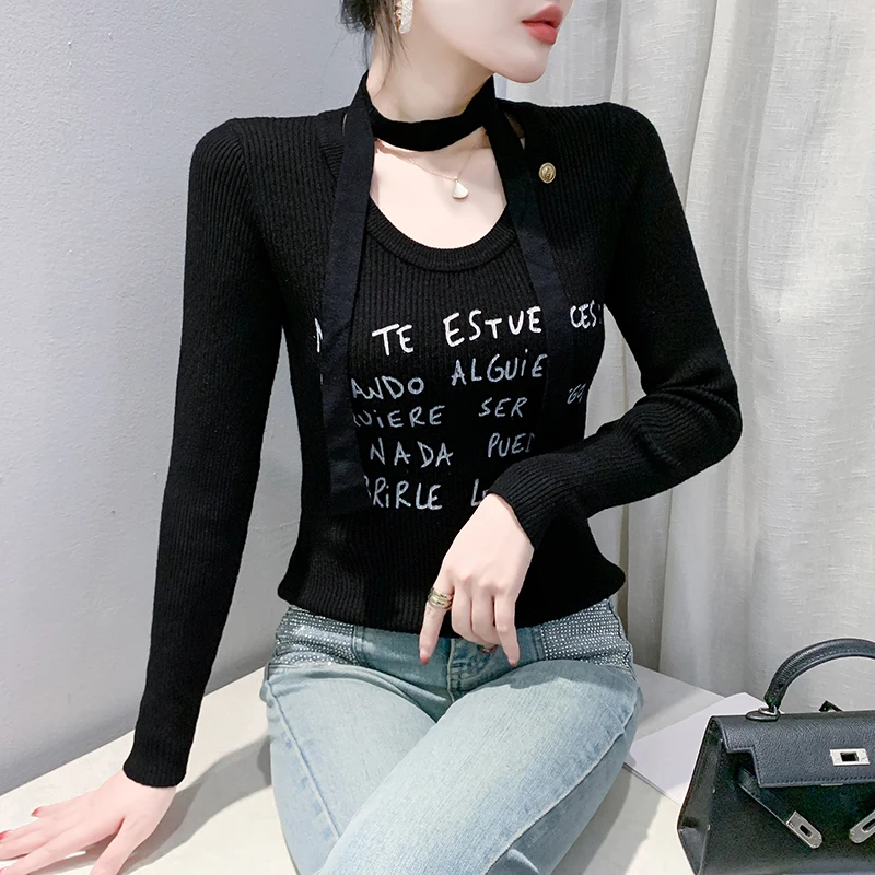 

2025,New,European,Clothes,Fall,Winter,Knitted,Turtleneck,Sweater,Fashion,Sexy,Print,Letter,Women,Long Sleeves,With,Tie,Tops,4111