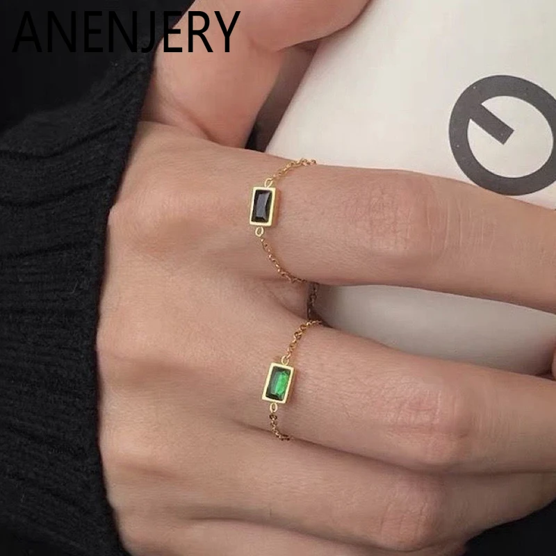 ANENJERY 316L Stainless Steel Green Black Square Zircon Pull Ring For Women French Fashion Simple Vintage Jewelry Gift Wholesale