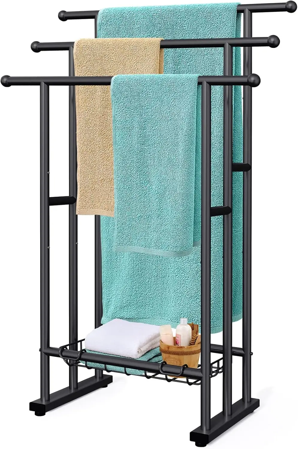 

40" H Free Standing Towel Rack, 3 Tier Alloy Steel Stand with Basket, Blanket Drying and Display Rack for Oversized Bath