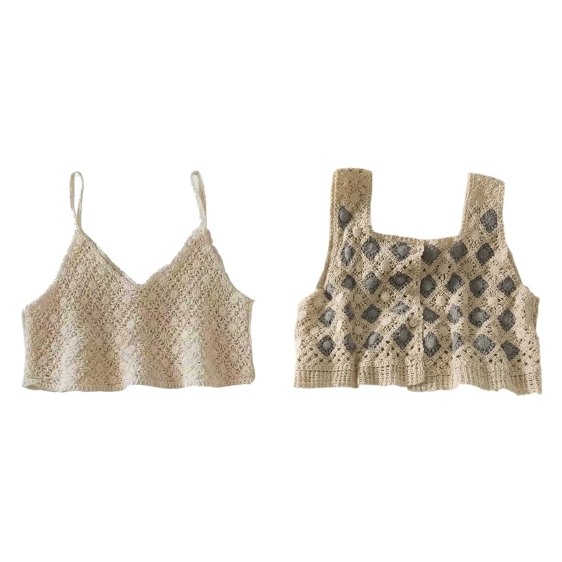 Apricot+Lattice Vest Hollow out Knit Crop Top Women Vintage Sweet Crochet Sleeveless Camisole Vintage Sexy Seaside Sling