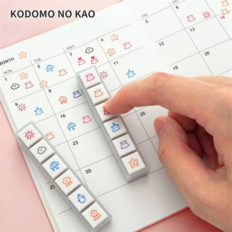 KODOMO NO KAO Pochitto 6 Push Button Stamp Cute Weather Icons Oil Based Ink Handbook Planner Marking DIY Journal Stationery