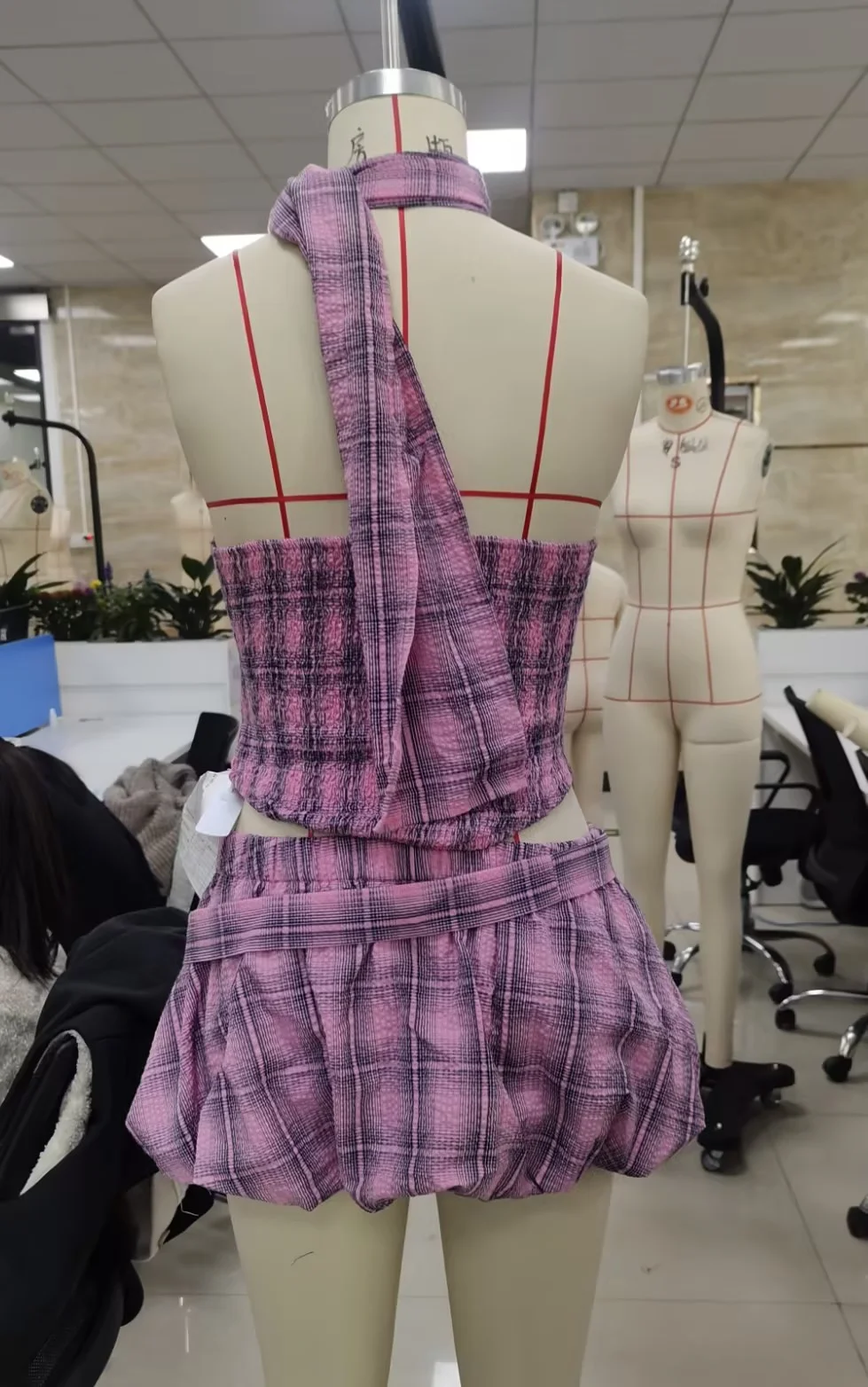 Gaono Women Bubble Mini Skirts Sets Summer 2 Piece Outfits Shirred Halter Tops and Plaid Short Skirt Suit Y2K Cottage Streetwear
