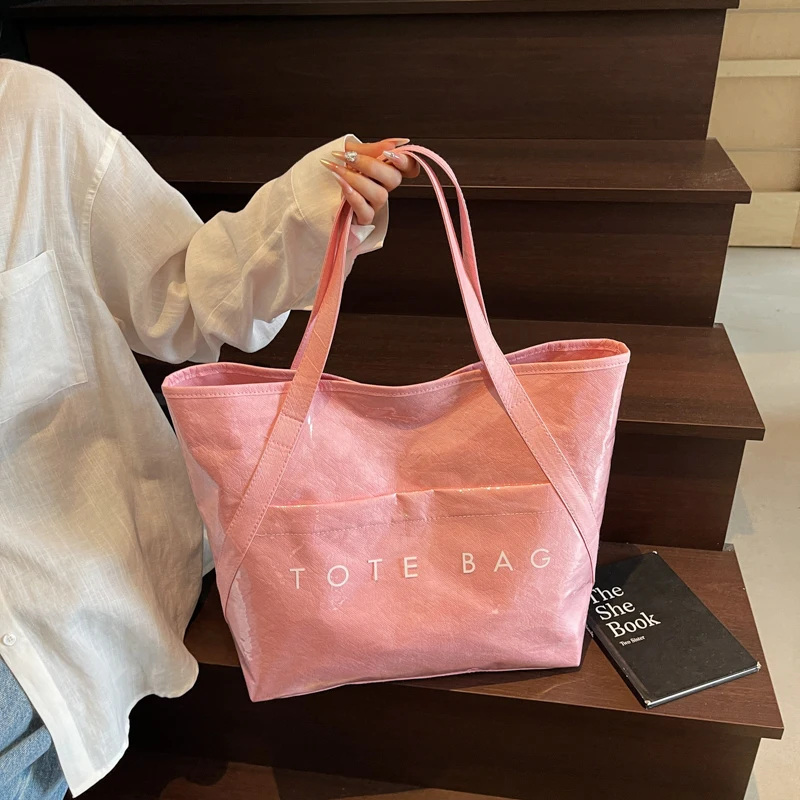 

PVC Clear Jelly Bag Letter Print Tote Handbag Large Capacity Storage Top-Handle Bags Waterproof Casual Travel Shoulder Bags