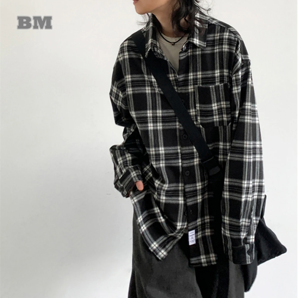 Spring Autumn Korean Fashion Couple Plaid Striped Shirt Streetwear Oversized Thin Coat Harajuku Casual Long Sleeve For Men Women