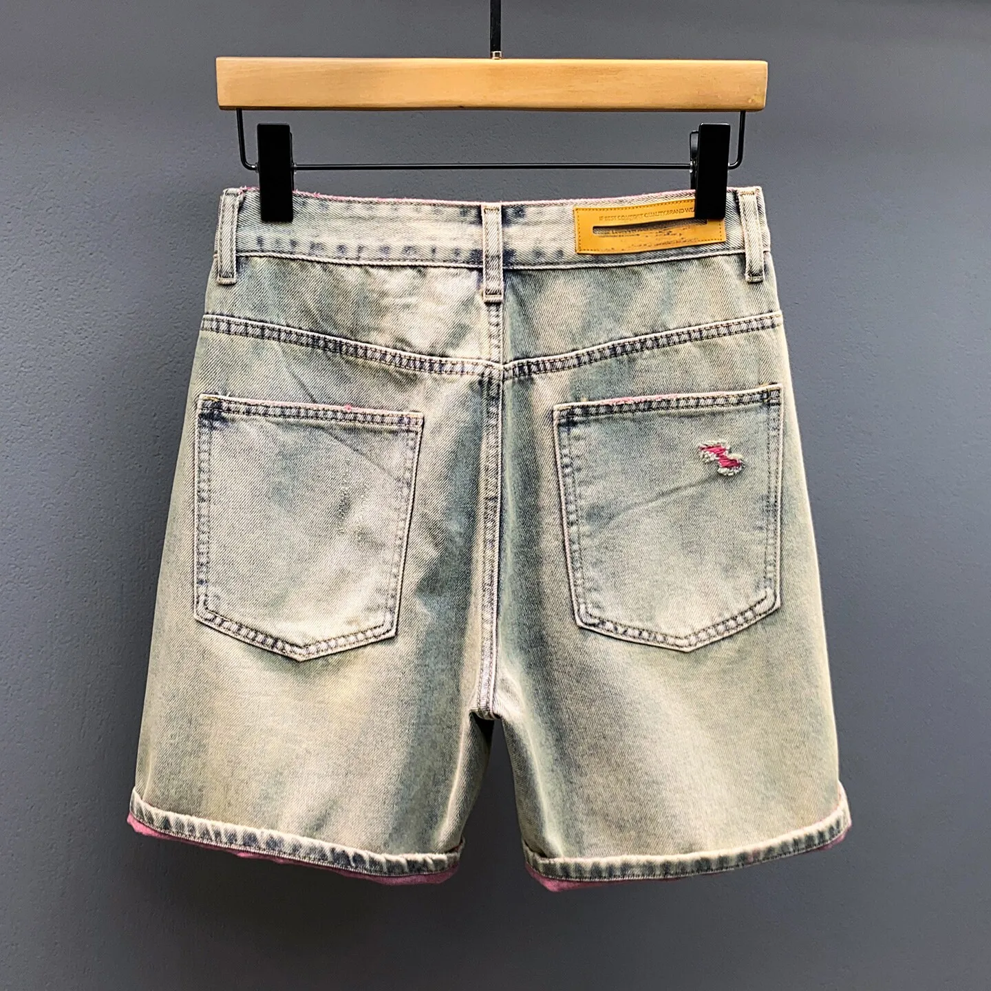 Retro American Hole Denim Shorts Men's Summer High Street Loose Middle Pants High-End Feeling Casual Five-Point Pants
