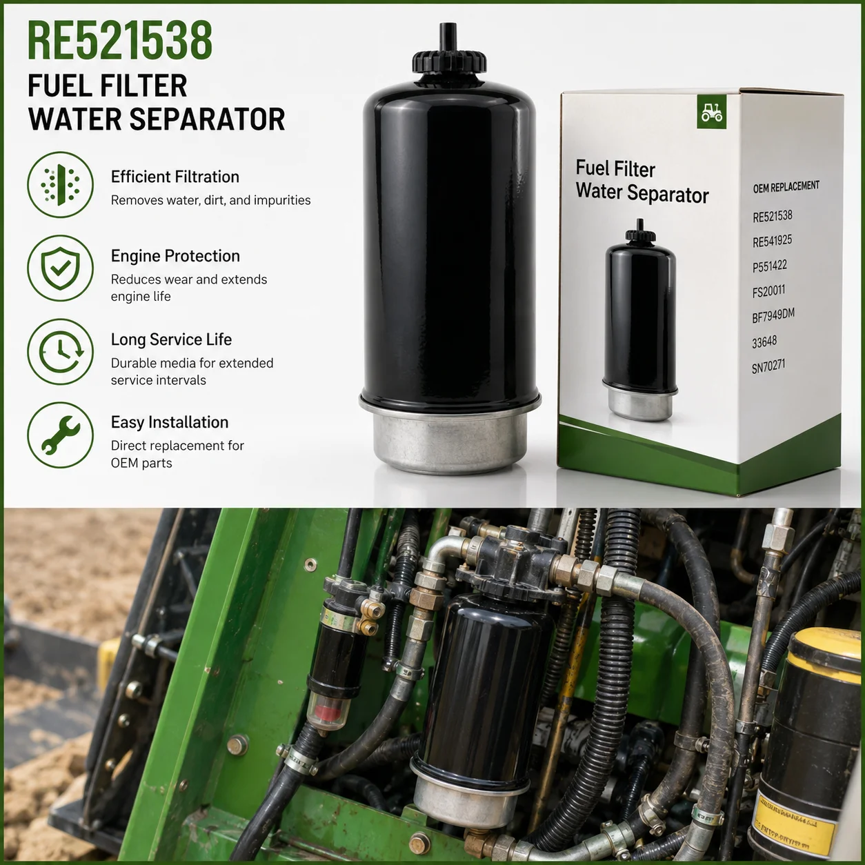 Filtro de Aceite de Motor RE504836 Reemplaza RE507522 RE541420 P550779 LF16243 Compatible con Tractor John Deere 6M 6R Excavadora 200DLC