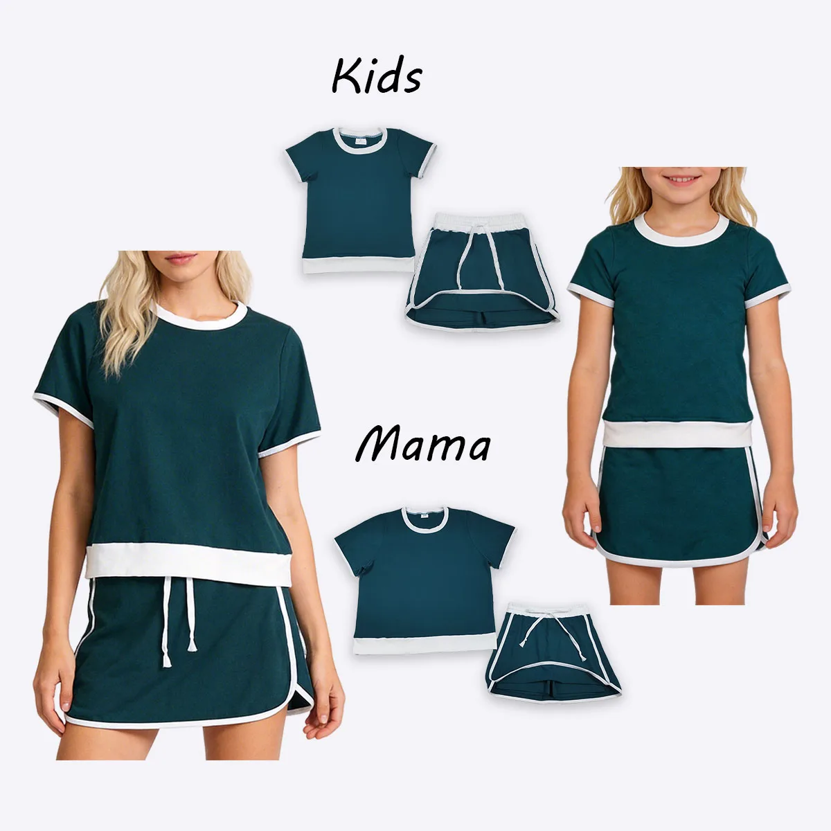 

Kids Girl Baby Adult Women Summer Short Sleeve Top Skirt Shorts Line Cotton Clothes Sets Parent-child Matching Children Clothing