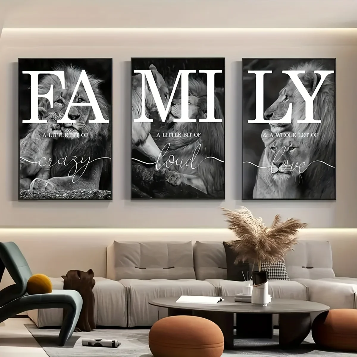 3PCS Large-sized frameless canvas paintings,3pcs Unframed Canvas Poster, Modern Art, Black And White Lion Family Quote Home Sign